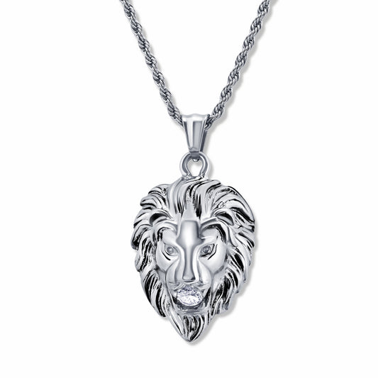 Lion Head Crystal Silver Pendant with 3mm Silver Rope chain on white background