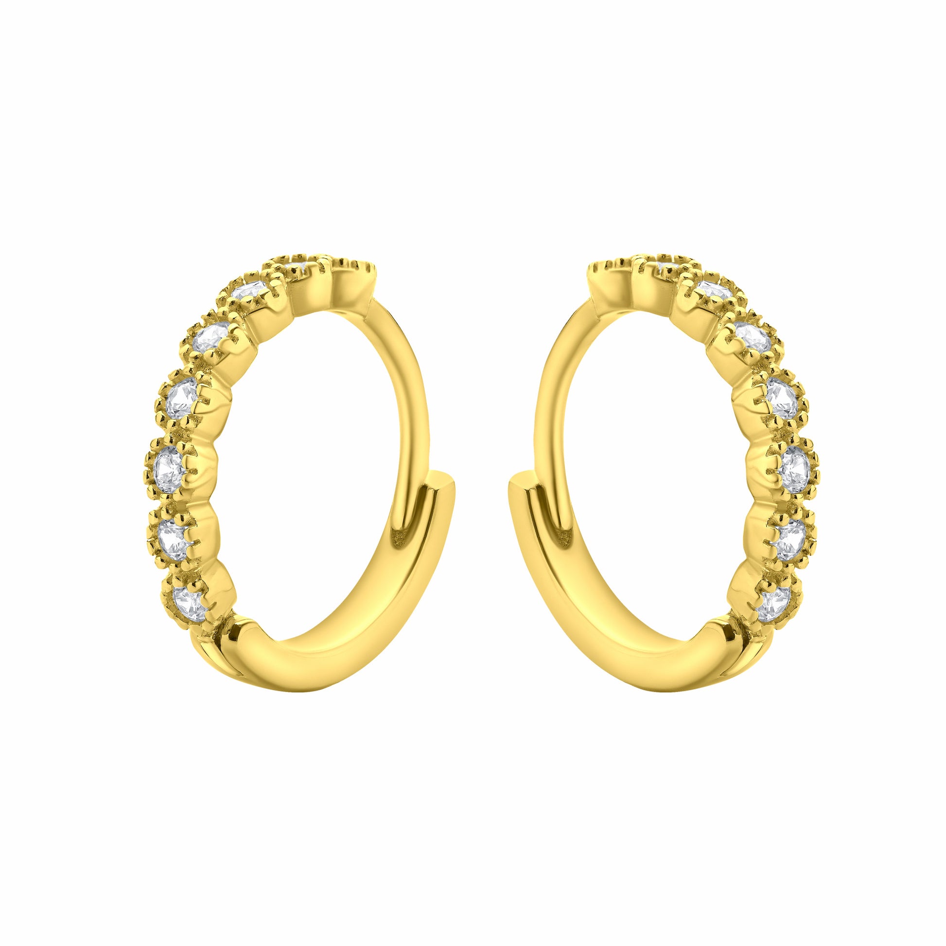Huggie Hoop CZ Gold Earrings on a white background.