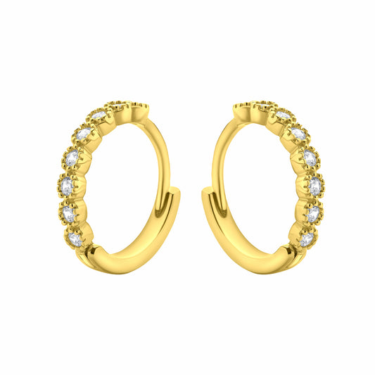 Huggie Hoop CZ Gold Earrings on a white background.