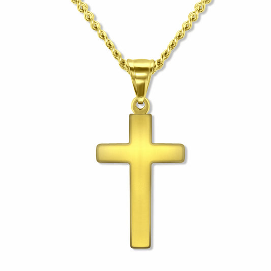Classic Cross Gold Pendant with 3mm Micro Cuban Gold chain on white background