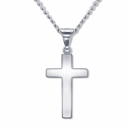 Classic Cross Silver Pendant with 3mm Micro Cuban Silver chain on white background