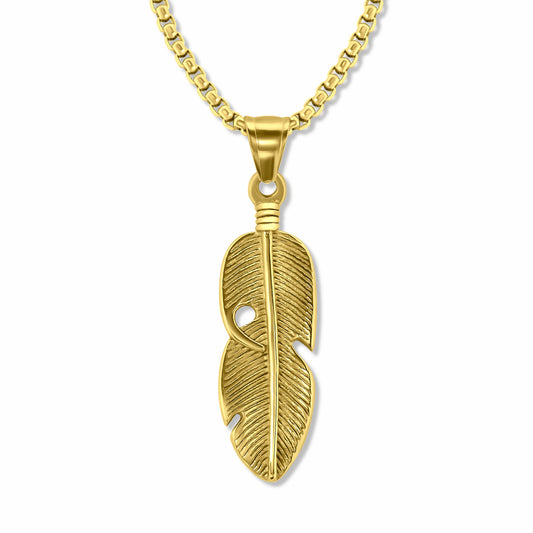 Feather Leaf Gold Pendant with 3mm Round Box link Gold chain on white background