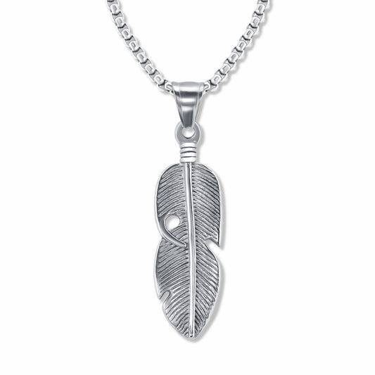 Feather Leaf Silver Pendant with 3mm Round Box link Silver chain on white background
