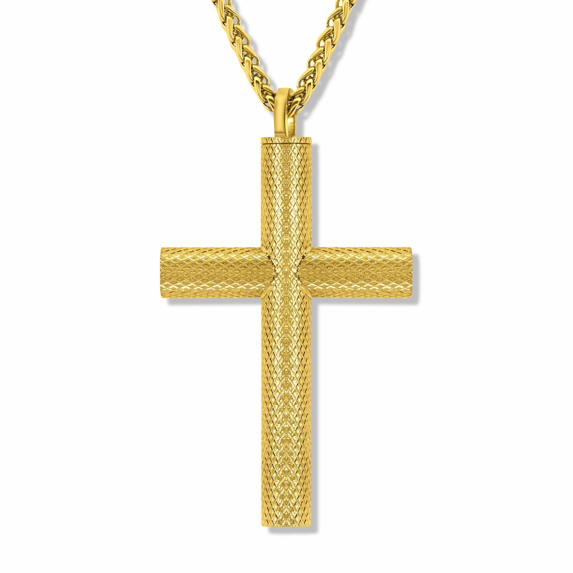 Bison Cross Gold Self-fill Pendant with 3mm Spiga Gold chain on white background