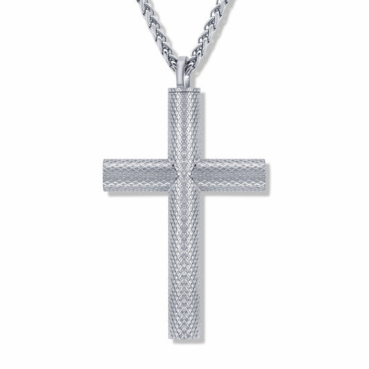 Bison Cross Silver Self-fill Pendant with 3mm Spiga Silver chain on white background