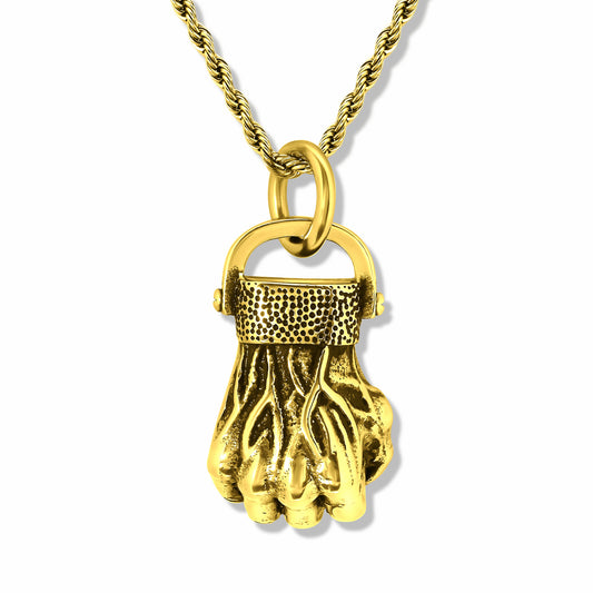 Fist Gold Pendant with 3mm Gold Rope chain on a white background