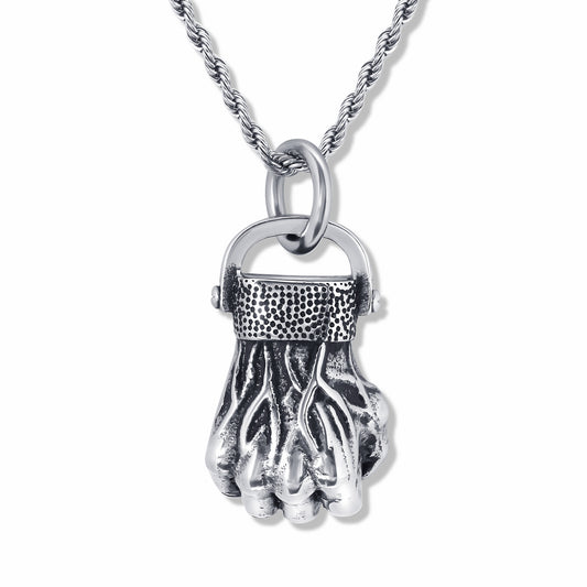 Fist Silver Pendant with 3mm Silver Rope chain on a white background