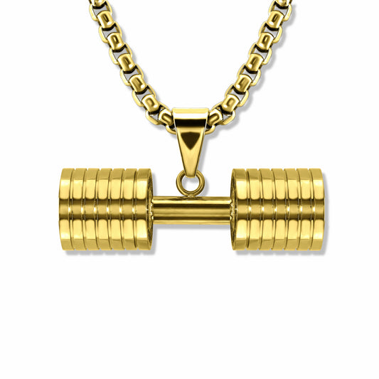 Dumbbell Fitness Gold Pendant with Round Box link Gold chain on white background