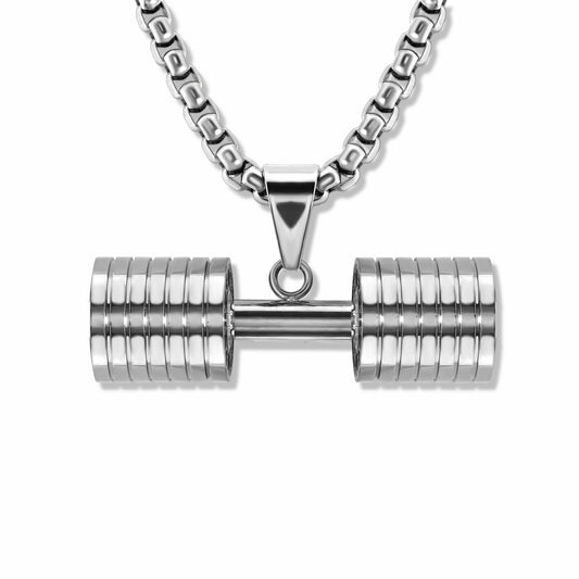 Dumbbell Fitness Silver Pendant with Round Box link Silver chain on white background