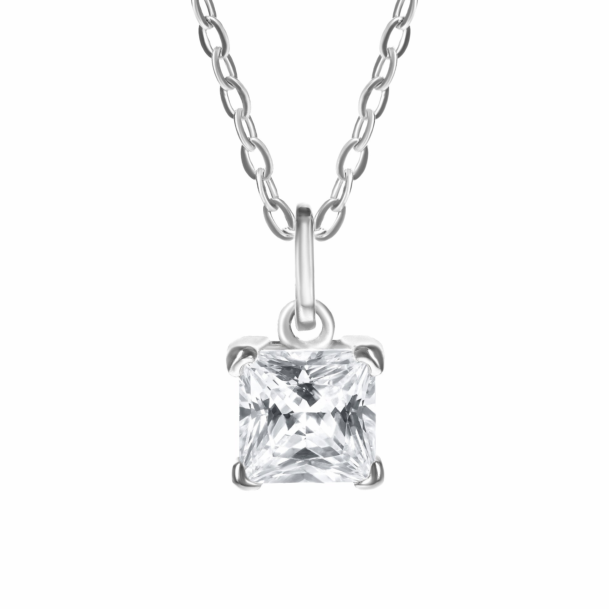 Princess Cut Silver Necklace on white background