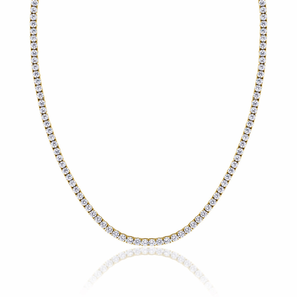 Tennis Gold Necklace 3mm Round Cut Cubic Zirconia crystals on a white background.