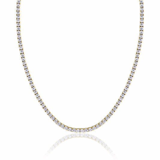 Tennis Gold Necklace 3mm Round Cut Cubic Zirconia crystals on a white background.