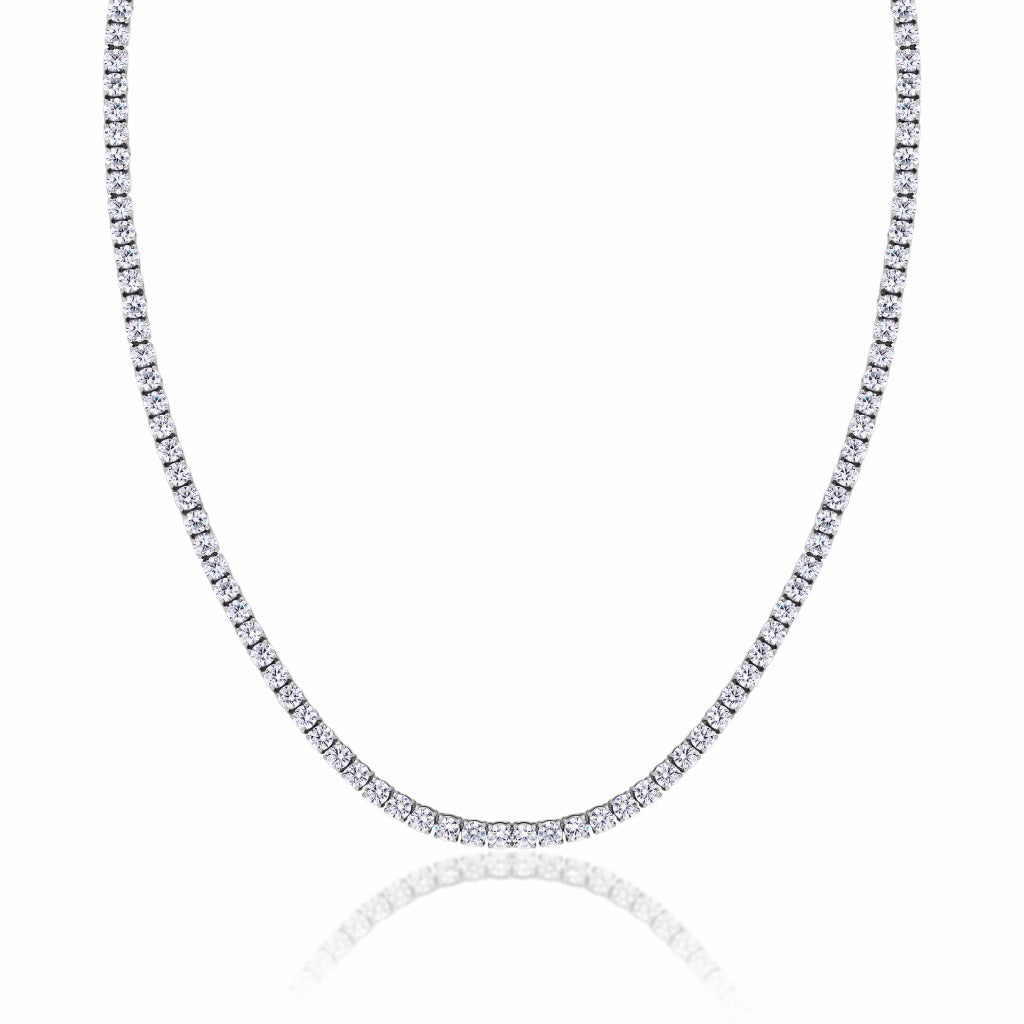 Tennis Silver Necklace 3mm Round Cut Cubic Zirconia crystals on a white background.