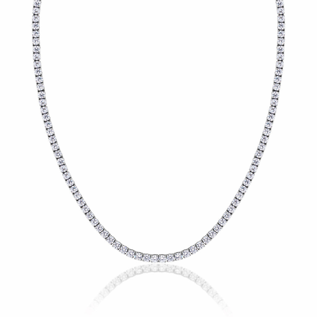 Tennis Silver Necklace 3mm Round Cut Cubic Zirconia crystals on a white background.