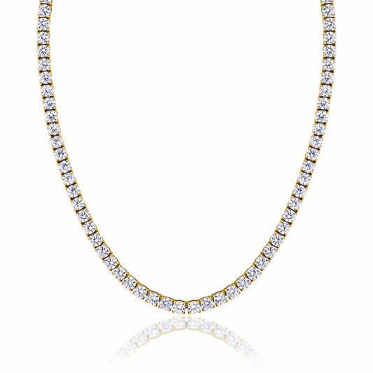Tennis Gold Necklace 5mm Round Cut Cubic Zirconia crystals tarnish-free and waterproof on a white background.