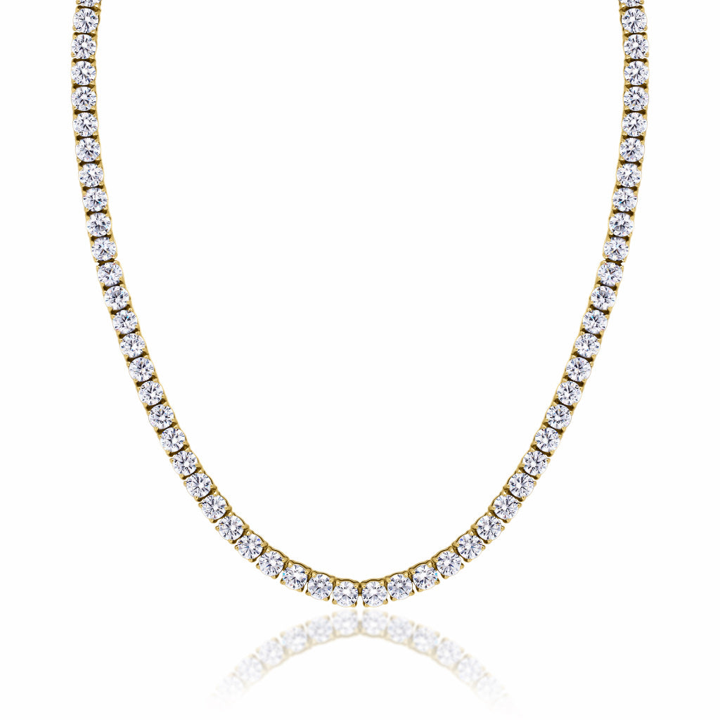 Tennis Gold Necklace 5mm Round Cut Cubic Zirconia crystals tarnish-free and waterproof on a white background.