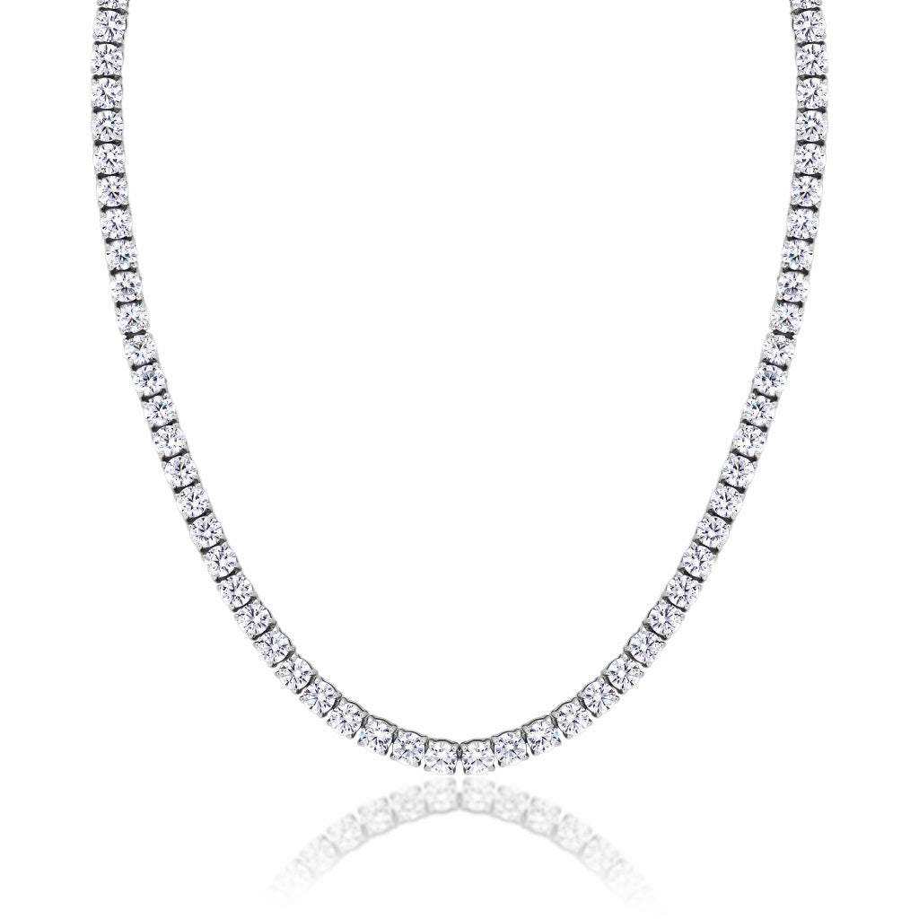 Tennis Silver Necklace 5mm Round Cut Cubic Zirconia crystals tarnish-free and waterproof on a white background.