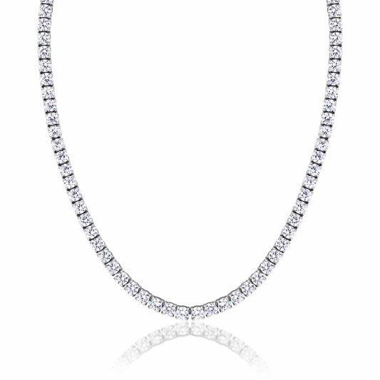 Tennis Silver Necklace 5mm Round Cut Cubic Zirconia crystals tarnish-free and waterproof on a white background.