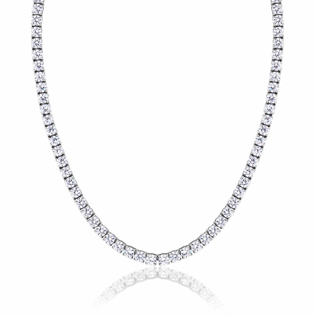 Tennis Silver Necklace 5mm Round Cut Cubic Zirconia crystals tarnish-free and waterproof on a white background.