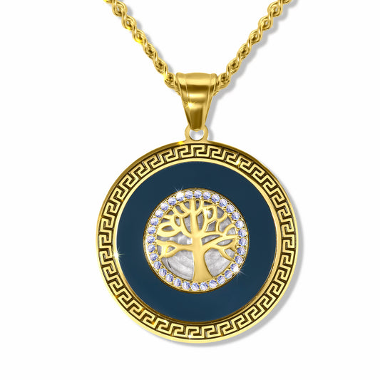 Iced Tree of Life Gold Pendant with 3mm Micro Cuban Gold chain on a white background