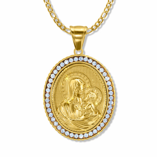 Mary, Mother of Jesus Gold Iced Pendant with 3mm Figaro Gold chain on a white background
