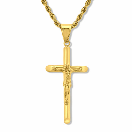 Jesus Crucifix Minimalist Cross Pendant with 3mm Gold Rope chain on a white background