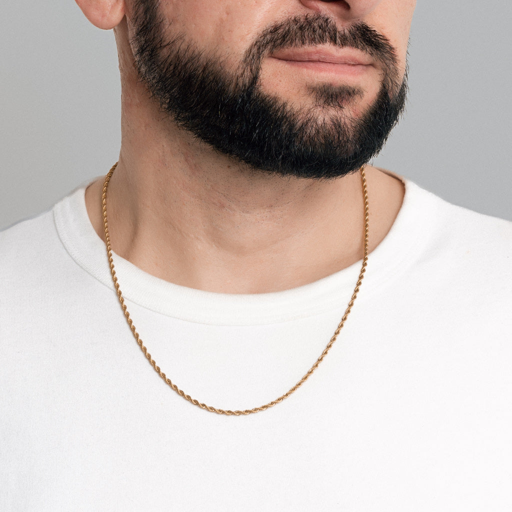 A bearded male model in white t-shirt wearing Gold Rope Chain 3mm, lifetime men's jewellery