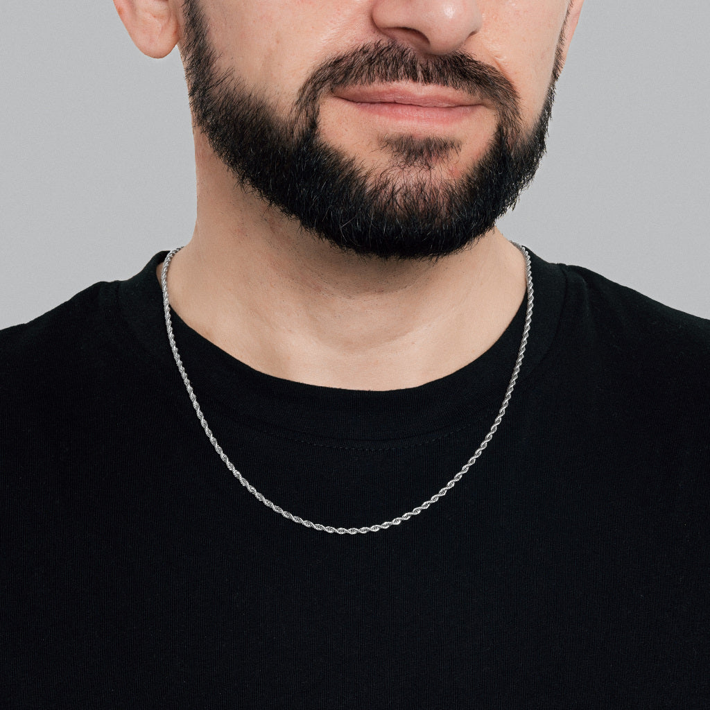 A bearded man in black t-shirt wearing Silver Rope Chain 3mm, lifetime men's jewellery