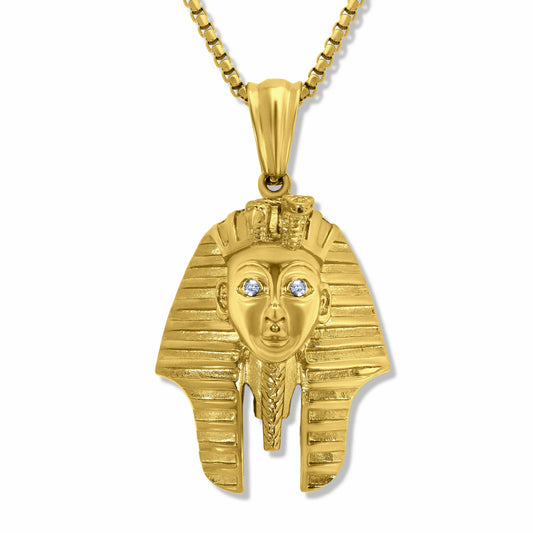 Pharaoh Tutankhamun CZ Gold Pendant with 3mm Round Box link Gold chain on white background