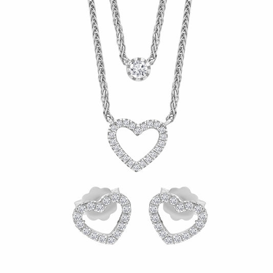 Love Heart Earrings Necklace Silver Set on white background