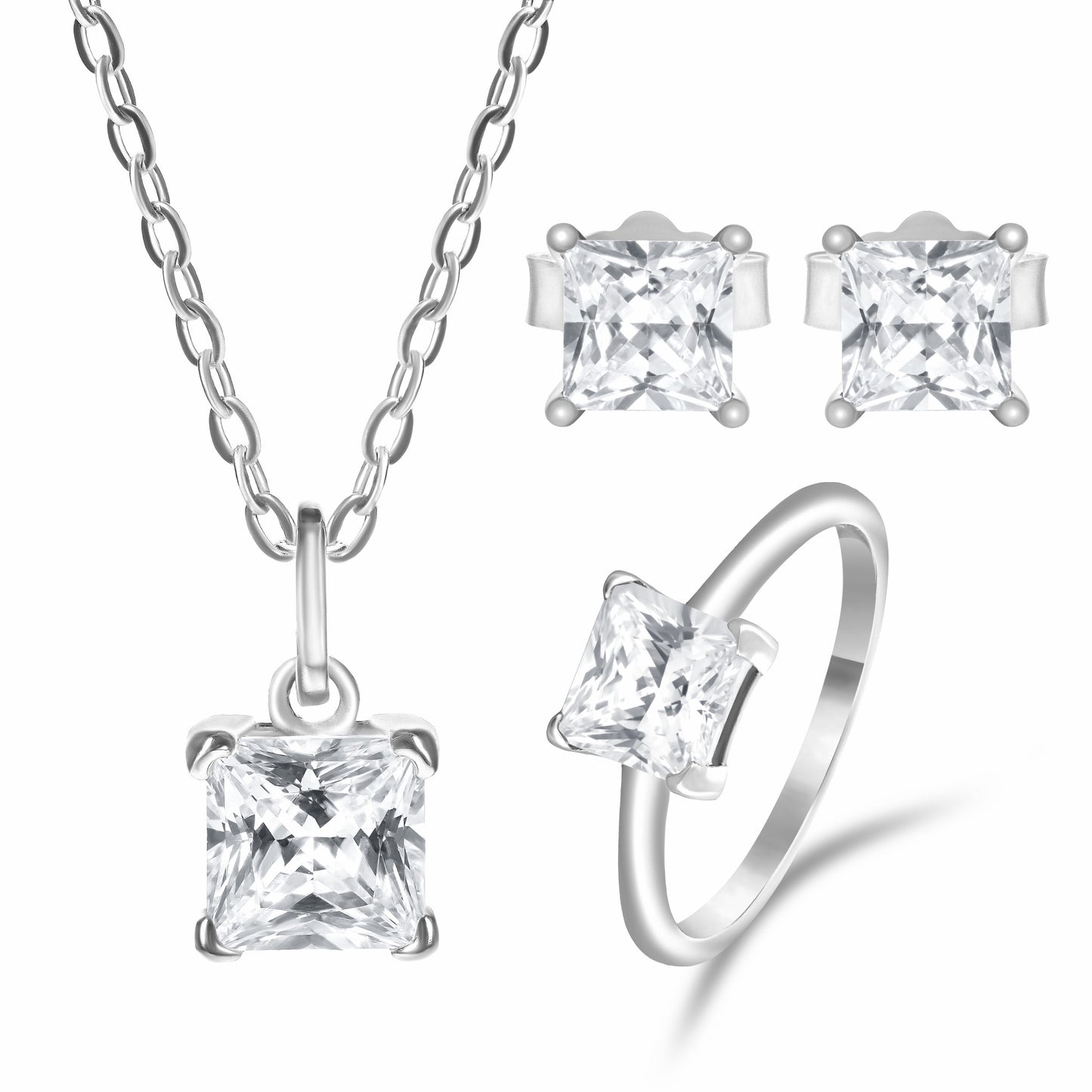 Princess Cut Silver Trio Set on white background