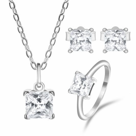Princess Cut Silver Trio Set on white background