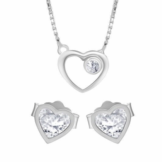Heart Shape Earrings Necklace Silver Set on white background.