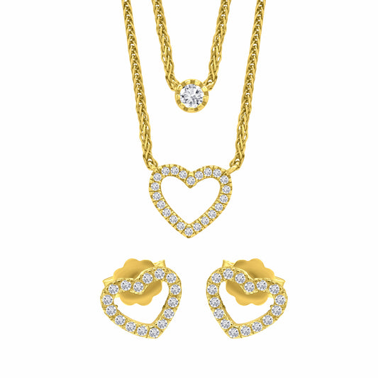 Love Heart Earrings Necklace Gold Set on white background