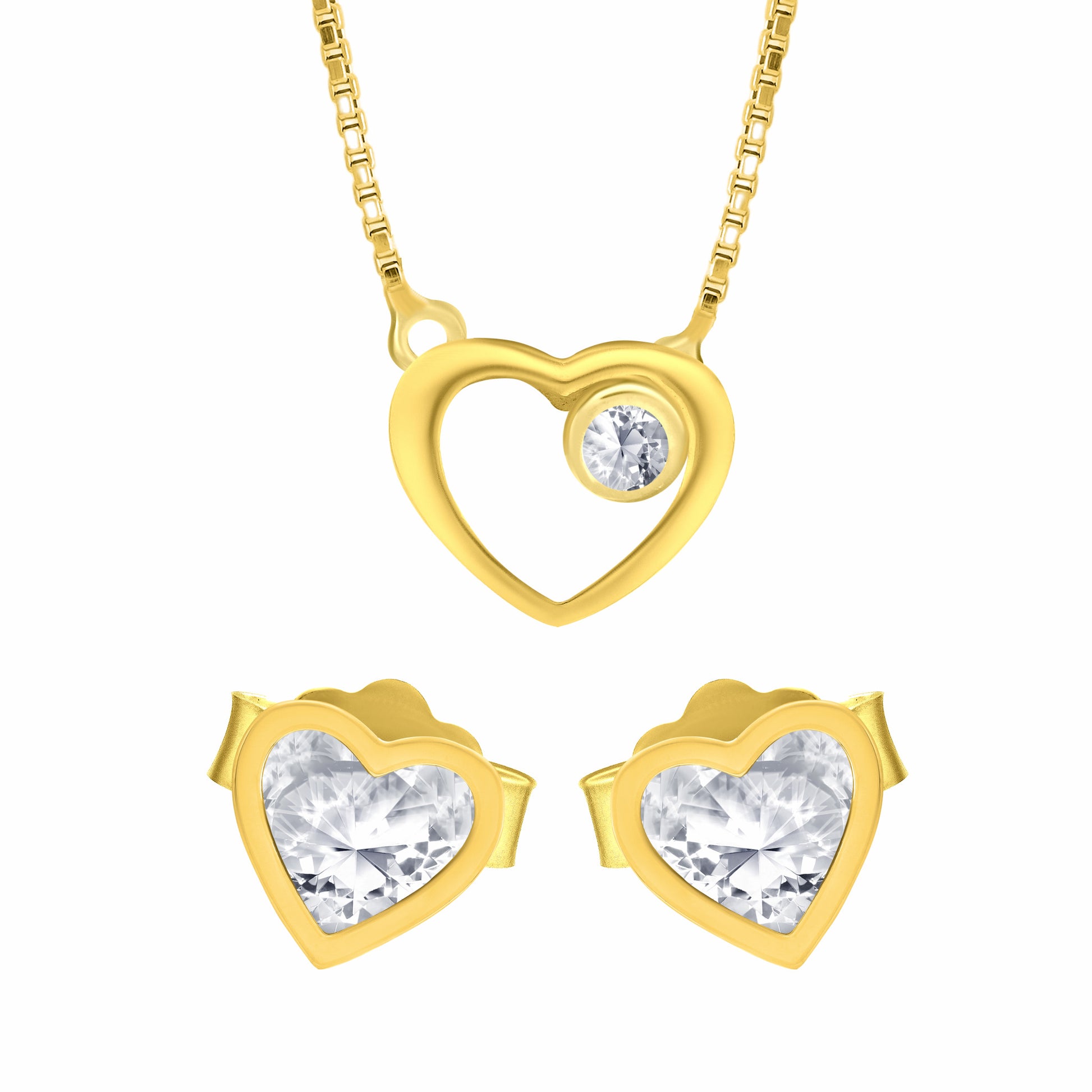 Heart Shape Earrings Necklace Gold Set on white background