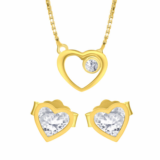 Heart Shape Earrings Necklace Gold Set on white background