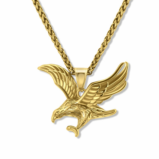 Eagle Gold Pendant with 3mm Spiga gold chain on a white background
