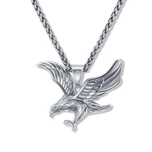 Eagle Silver Pendant with 3mm Spiga Silver Chain on a white background