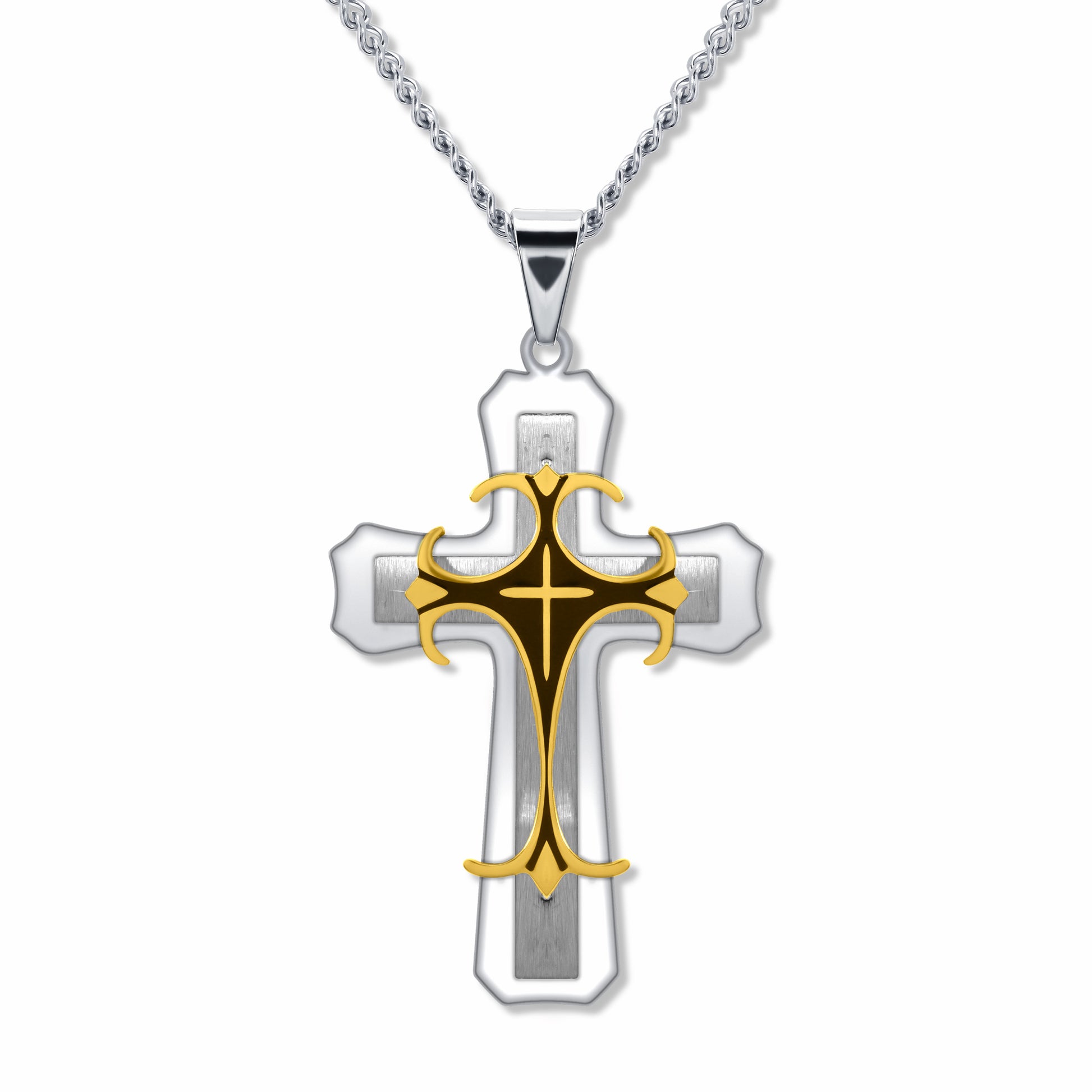 Trinity Cross Gold Pendant with Micro Cuban Silver Chain 3mm on white background