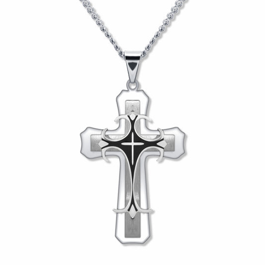 Trinity Cross Silver Pendant with 3mm Micro Cuban Silver chain on white background