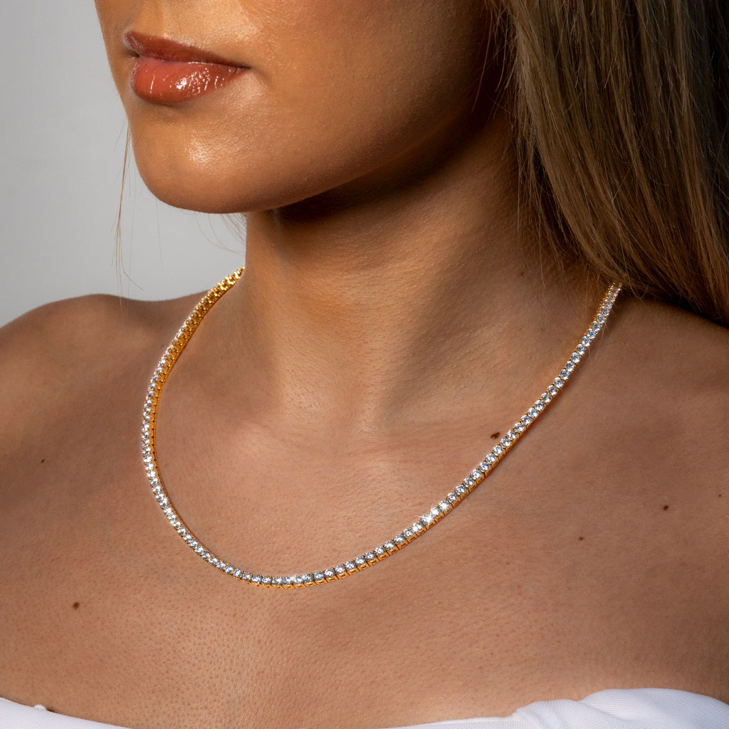 Woman wearing Cubic Zirconia 3mm Gold Tennis Necklace Tarnish free