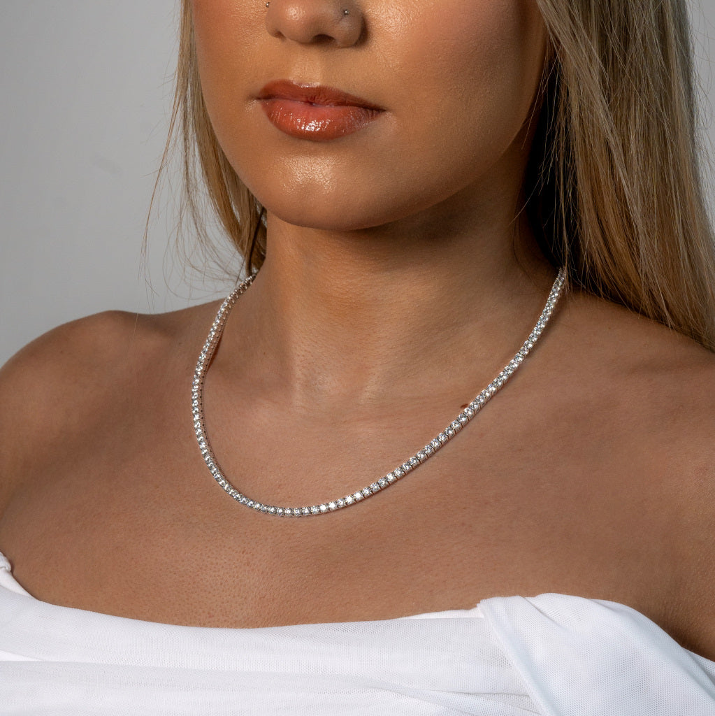 Woman wearing Tennis Silver Necklace 3mm