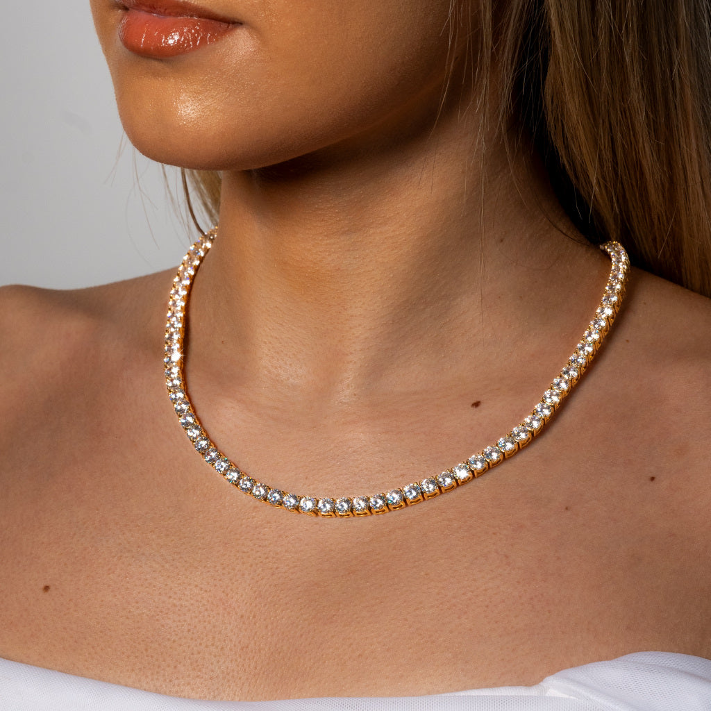 Woman wearing Cubic Zirconia 5mm Gold Tennis Necklace waterproof