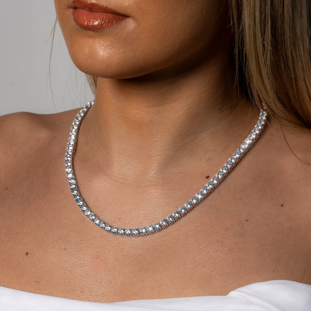 Woman wearing Cubic Zirconia 5mm Silver Tennis Necklace Hypoallergenic