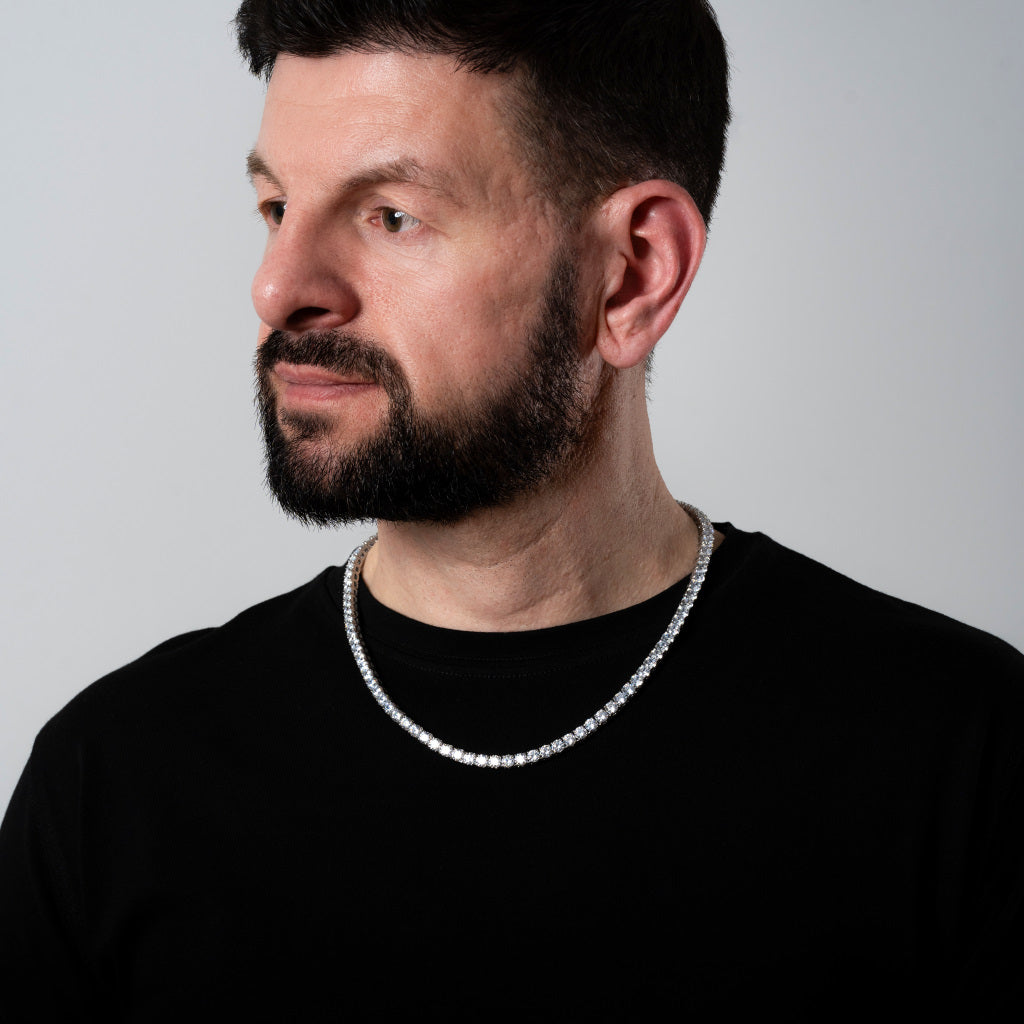 Bearded male model in a black t-shirt wearing Cubic Zirconia 5mm Silver Tennis Necklace