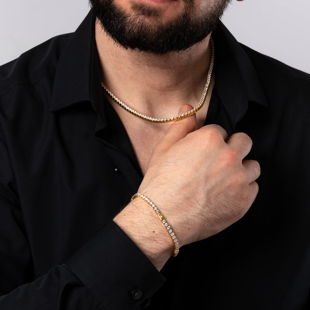 Man in black shirt wearing Cubic Zirconia 3mm Gold Tennis Bracelet paired with 3mm Gold Tennis Necklace