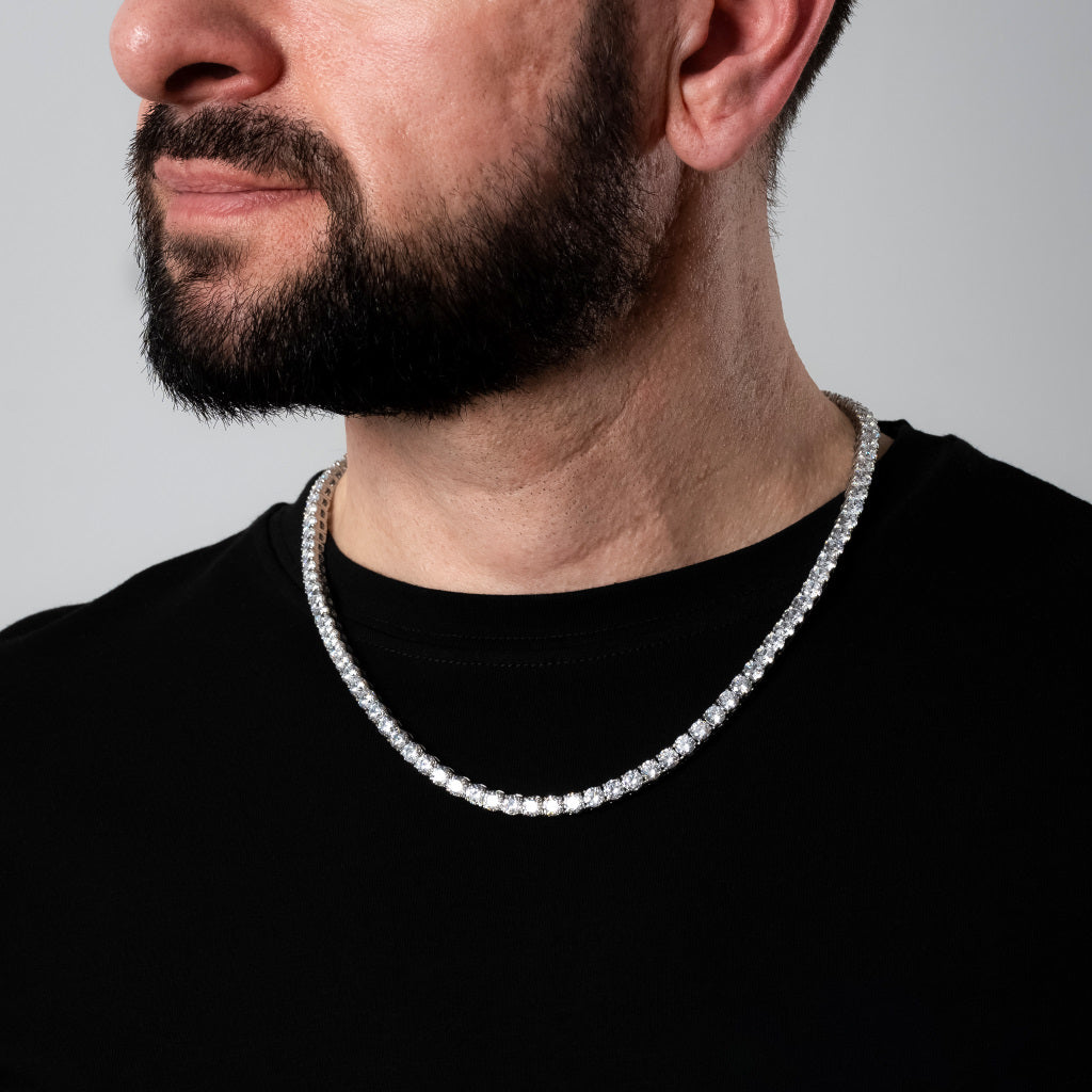 Bearded male model in a black t-shirt wearing Cubic Zirconia 5mm Silver Tennis Necklace