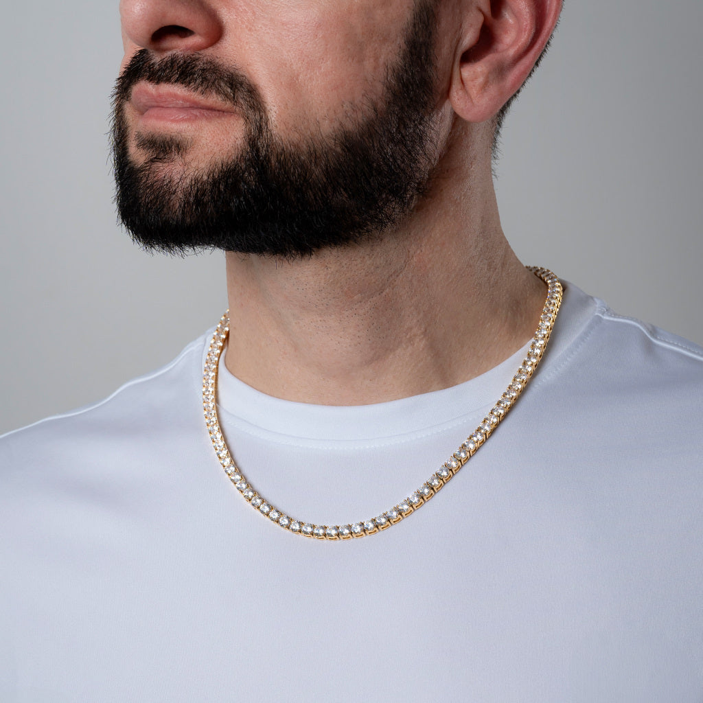 Bearded male model in a white t-shirt wearing Cubic Zirconia 5mm Gold Tennis Necklace