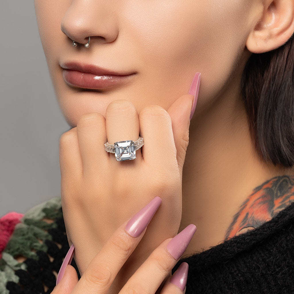 A model wearing 925 silver ring with 5A cubic Zirconia