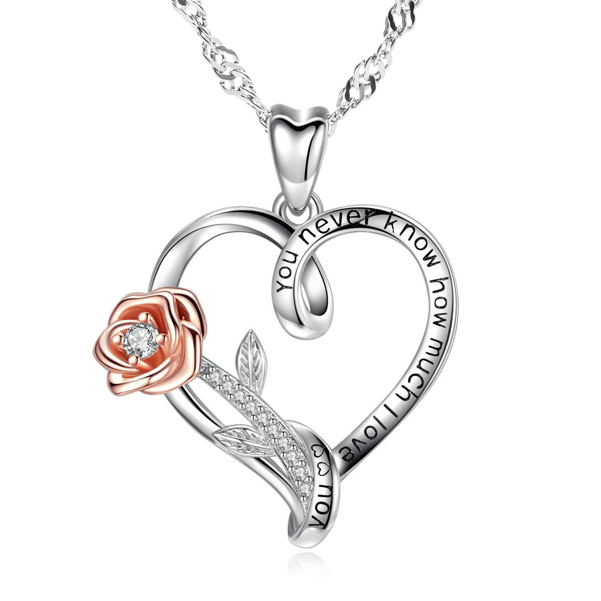 Rose Heart engraved pendant with 925 Sterling Silver Water Wave necklace chain 18"